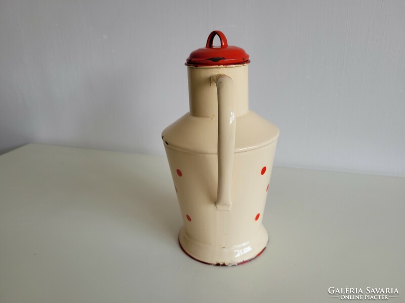 Old vintage 2 liter red polka dot enameled small jug Enameled 2 l butter colored water jug