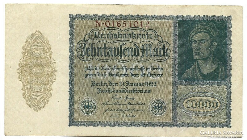 10000 márka 1922 kis méret birodalmi nyomtatás 8 jegyű sorszám Németország 2.