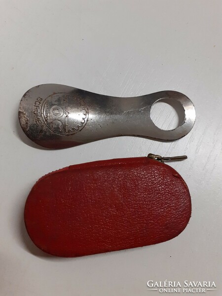 Old marked small shoe spoon with small manicure set in red leather case with zipper