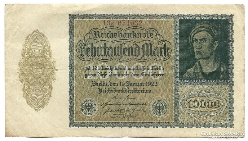 10000 márka 1922 kis méret magáncéges nyomtatás 6 jegyű sorszám Németország 2.