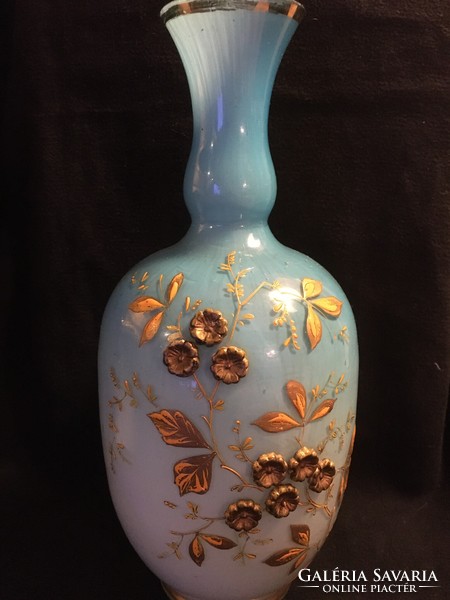 Blue-white gradient moser vase with plastic flower pattern!!!! 24X10.5 cm