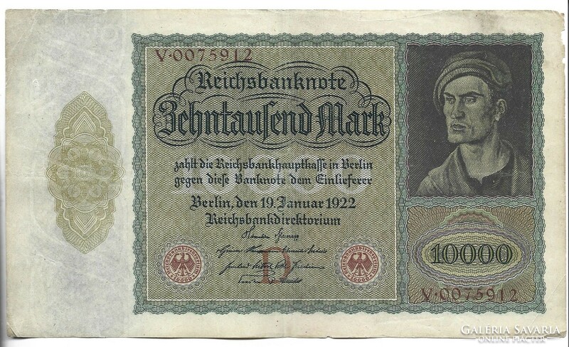 10000 márka 1922 nagy méret Alul középen betűvel Németország 2.