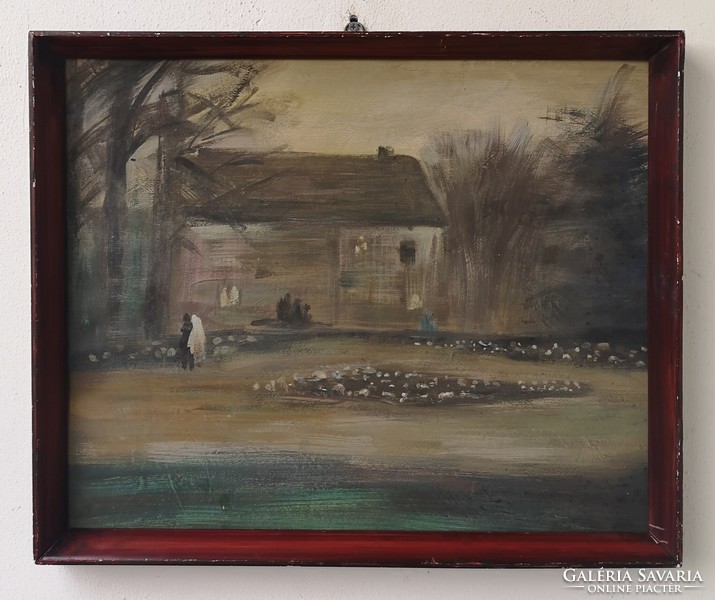 Castle park with walkers. Oil painting from the 1930s-40s.