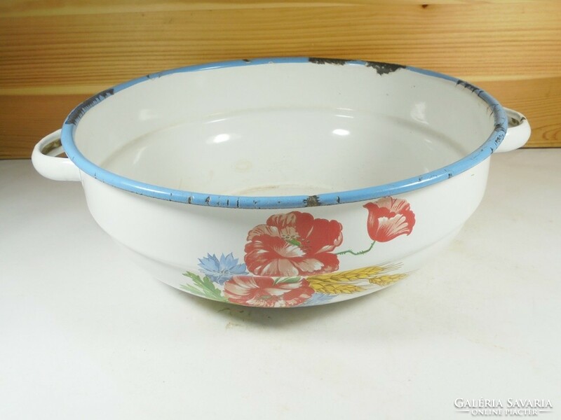 Old retro floral enameled 2-handled bowl vajling salad bowl - 24 cm diameter Budafok