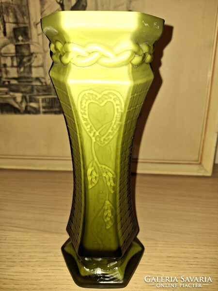 Acid-etched, two-layer vase, olive green