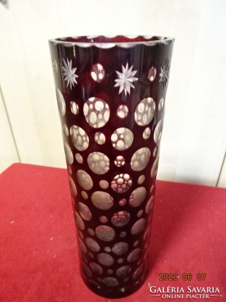 Burgundy glass, crystal vase, cylindrical, height 25.5 cm. Jokai.