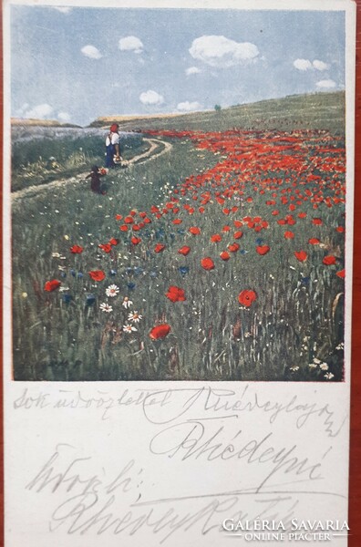 Szinyei-Merse: Pipacsok - futott tábori képeslap 1918-ból