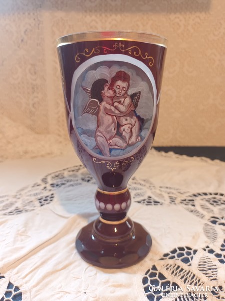 Old engraved, burgundy, multi-layer angel glass cup for sale!
