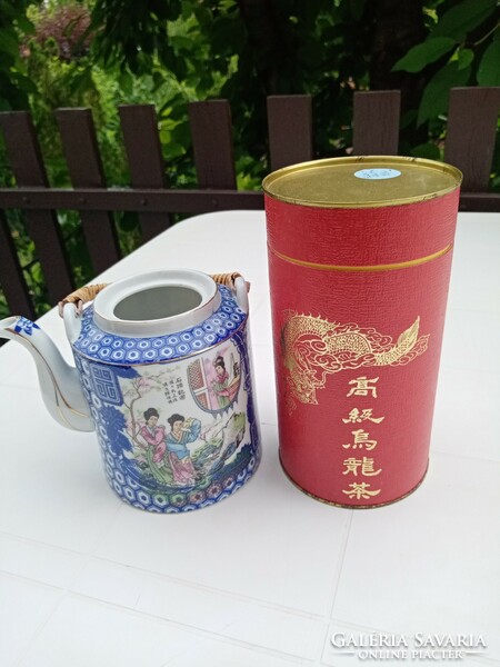 Antique Chinese blue porcelain tea pot / spout and old red Chinese tea box with fresh rose petal tea