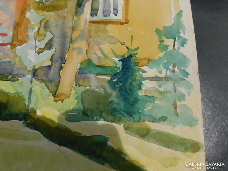 Pál Udvary (1900-1987) garden detail with yellow house, watercolor, graphics