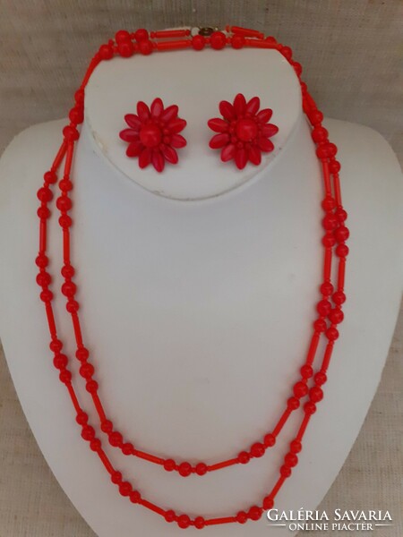 Retro red porcelain long necklace with matching earrings with ear clip gift porcelain chain