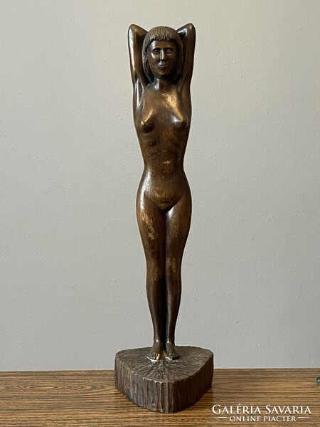 Writer István Katkó (1923-2000) nude female nude 49 cm marked carved wooden statue