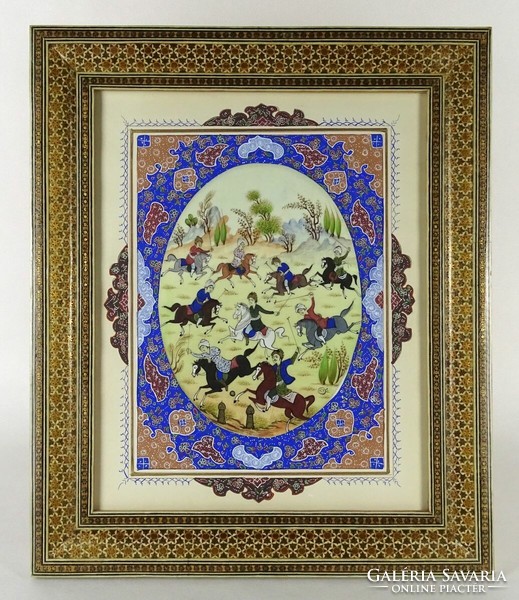 1M622 Gyönyörű régi orientalista lovas jelenet keretben 37.5 x 31.5 cm