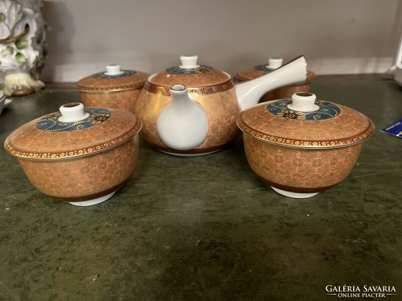 Collectors! Japanese tea set, kyusu with four cups with lids. Hand painted in gold and green