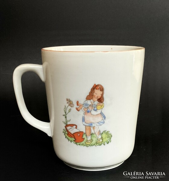 Antique Zsolnay vitrine children's mug with little girl
