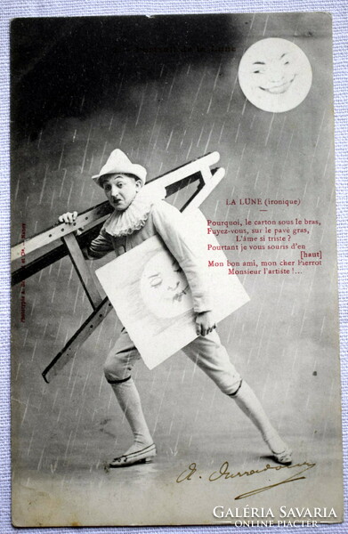 2 pieces of antique humorous photo postcard Pierrot paints the moon and is washed away by the rain