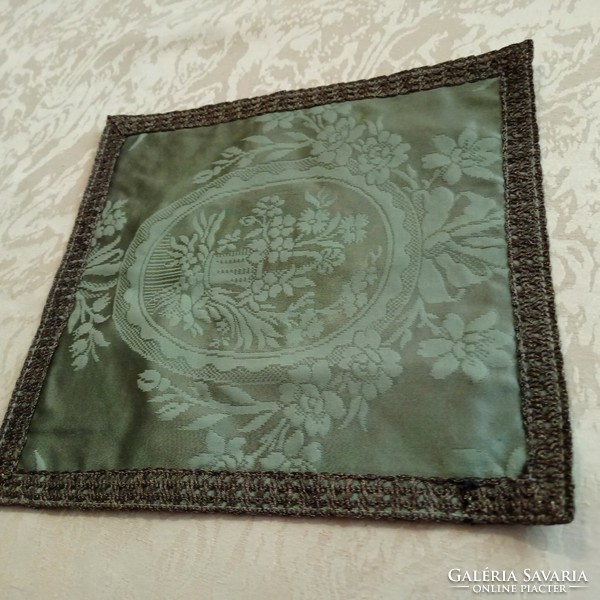 Antique, green brocade tablecloth, 24 x 25 cm