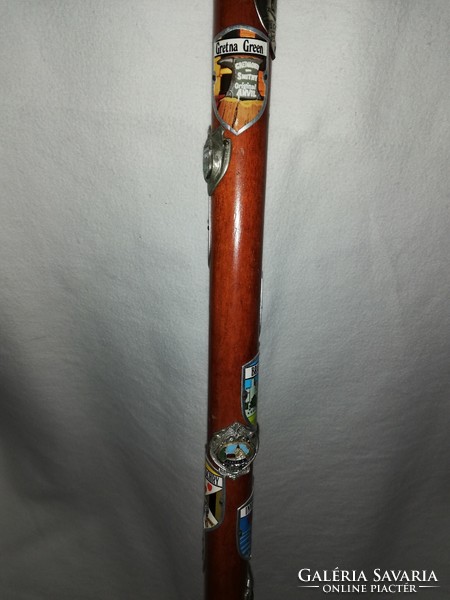 Bronze walking stick with a dog's head, with 16 hiking labels