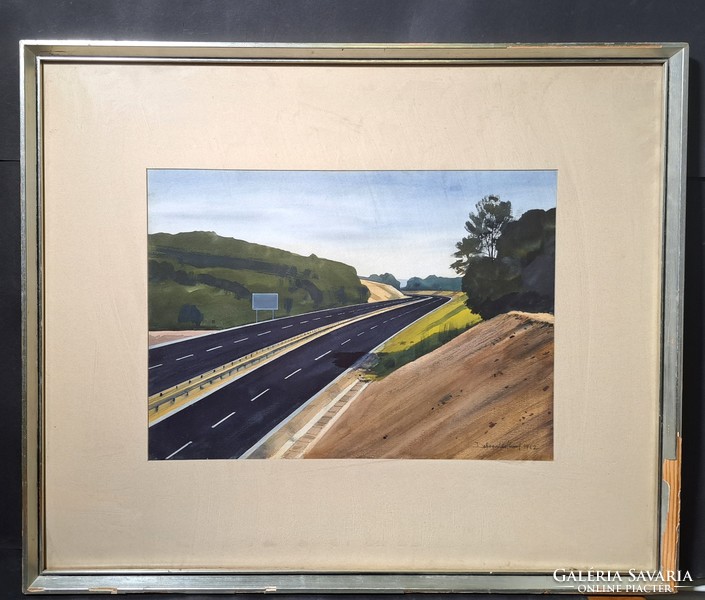 József Dobroszláv: highway, 1982 - social real watercolor, rare subject - roads, transport