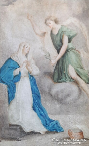 Ave Gratia Plena - antik szakrális kép, 18. századi akvarell pergamenen