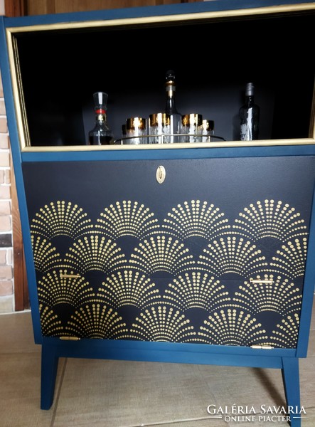 Dark blue-black-gold retro bar cabinet with art deco inspiration