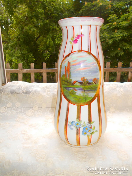 Antique faience vase with hand-painted landscape medallion on 2 sides, 24.5 cm