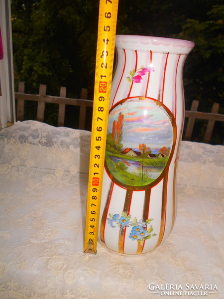 Antique faience vase with hand-painted landscape medallion on 2 sides, 24.5 cm