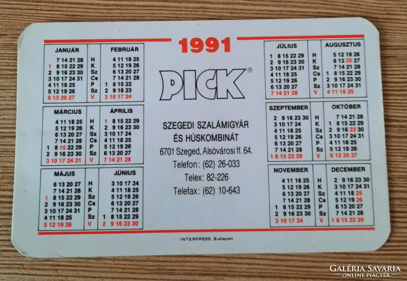 Kártyanaptár 1991 - PICK SZEGED