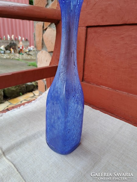 Beautiful rare blue veil glass, Karcagi, Berekfürdői 33.5 High fiber vase vase for flowers mid-century