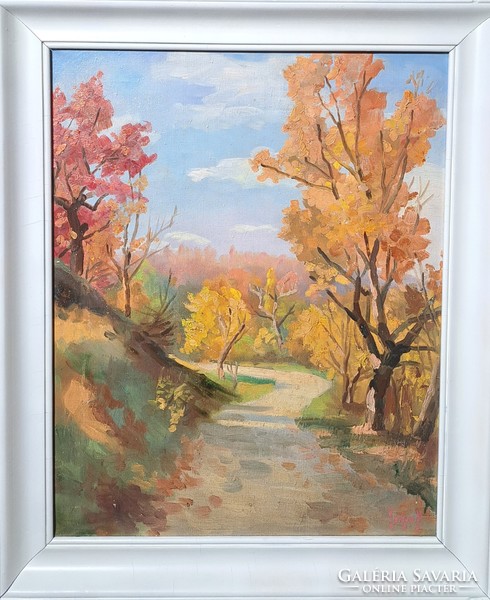Colorful summer landscape - oil painting from 1960, including frame - serene forest landscape with word mark