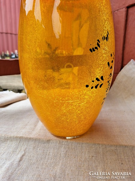 Ritka  repesztett Fátyolüveg fátyol karcagi berekfürdői üveg sárga váza Gyűjtői