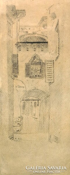 Mediterranean street view, 1953 (etching) with an unidentified sign - volto fontana, Italian town