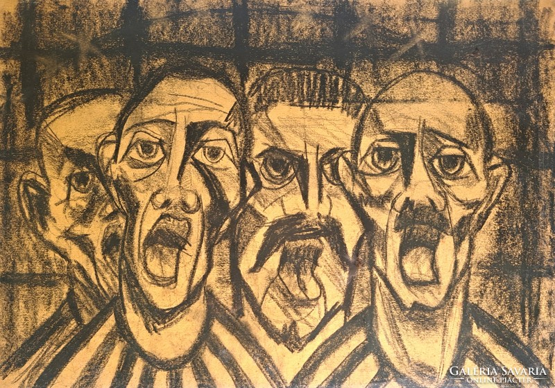 Prison choir / riot, charcoal drawing 