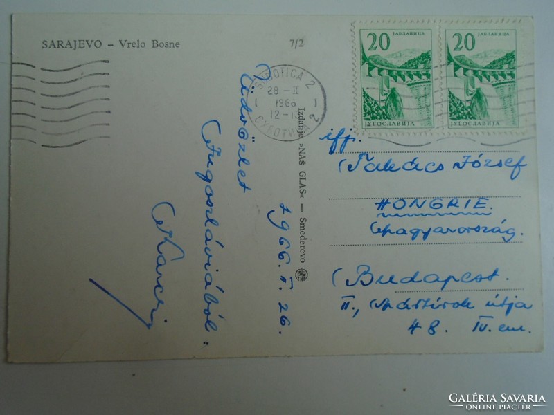 H34.4  FRADI FTC Aranycsapat - LAKAT KÁROLY  által írt képeslap Szarajevó,1966 2.26. Takács II.-nek