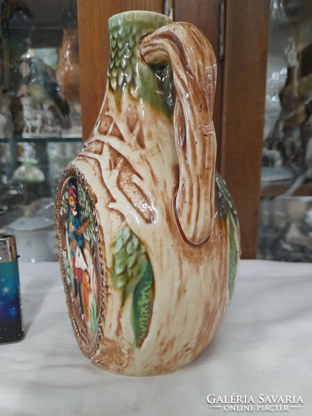 Old hunting scene marked ceramic jug, spout. 21.5 Cm.