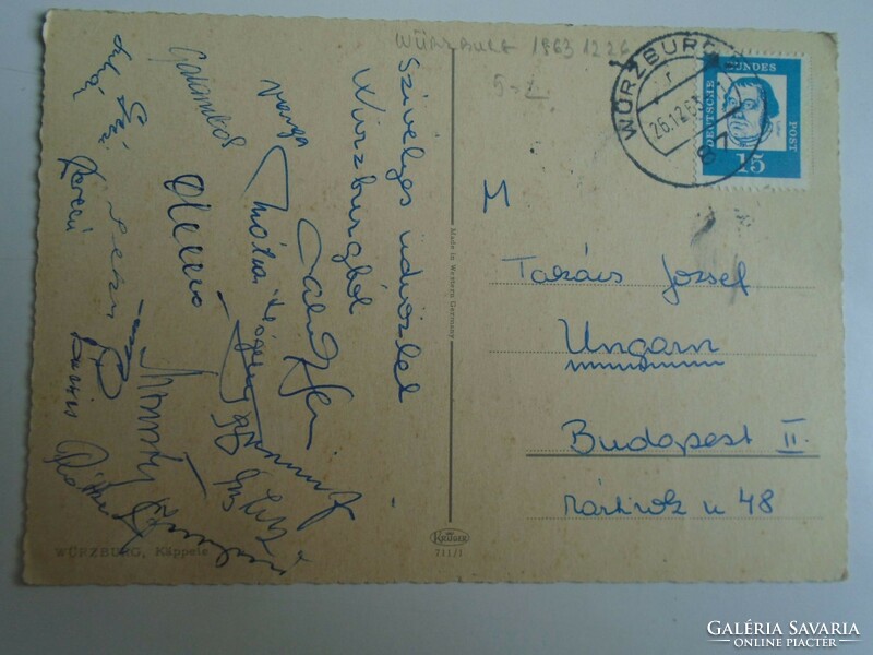 H33.8 FRADI FTC  focicsapat által aláírt képeslap  -WÜRZBURG 1963, Takács Józsefnek