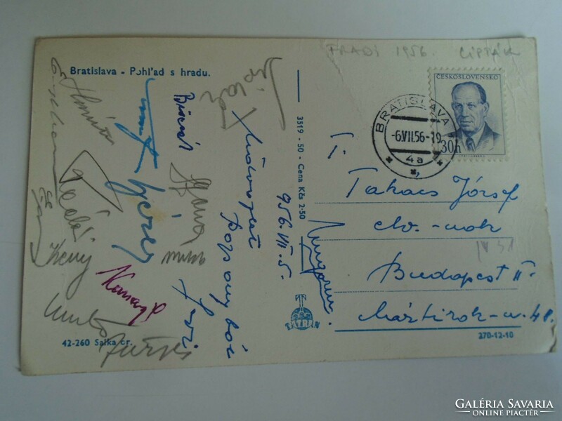 H33.1  FRADI FTC  focicsapat által aláírt képeslap  küldve 1956-ban Pozsonyból Takács Józsefnek