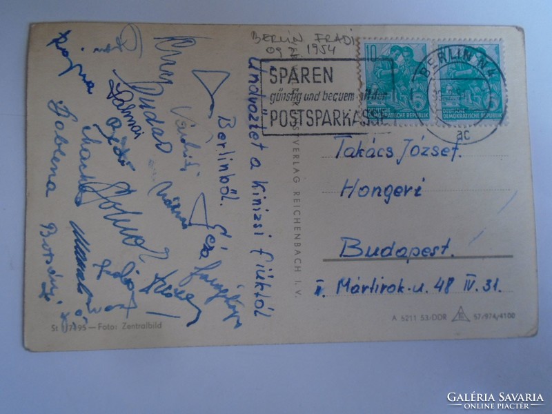 H33.2  FRADI FTC  focicsapat által aláírt képeslap  küldve 1954-ben Berlinből, Takács Józsefnek