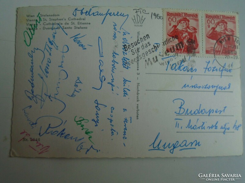 H33.4 FRADI FTC  focicsapat által aláírt képeslap  küldve 1960-ban Bécsből, Takács Józsefnek