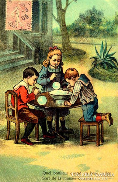 Antik grafikus litho képeslap  buborékot fújó gyerekek  játék