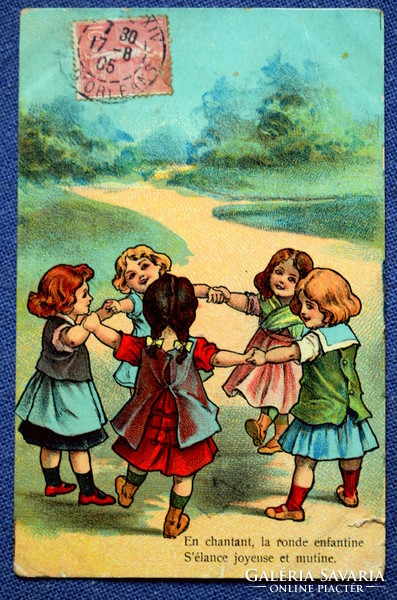 Antik grafikus litho képeslap  körben táncoló gyerekek  játék