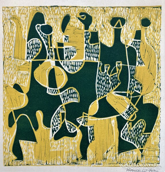 Company, colorful abstract labeled linocut from 1975 - work of Zsíssi Konecsni
