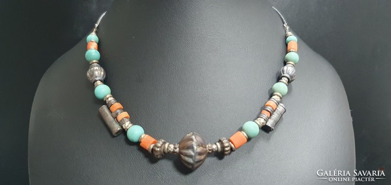 Antique tribal jewelry, coral, turquoise, silver necklace.