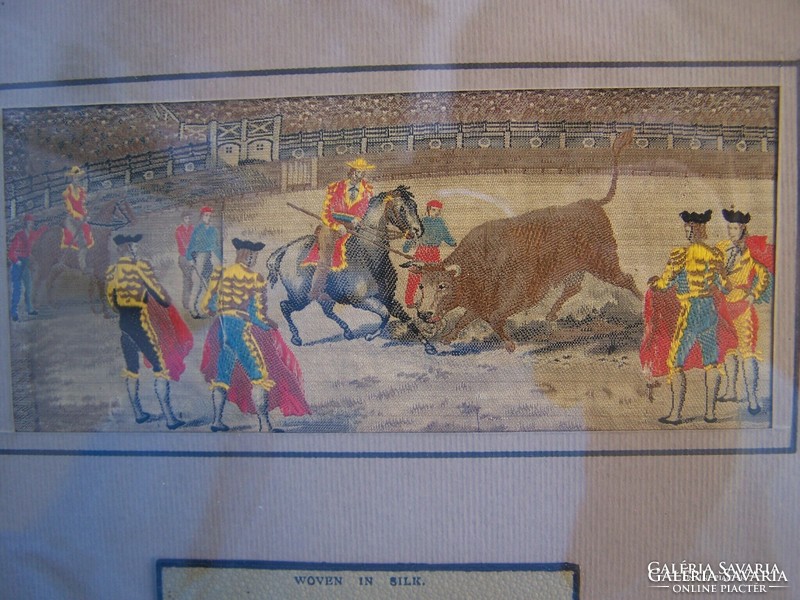 Stevengraph kép " the spanisch bull fight" szőtt selyem, 1850-1870-es évek, angol; Stevens, Thomas,