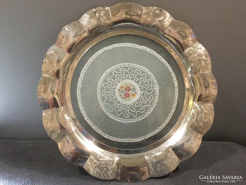 Large silver-plated tray with lace decoration in the middle!! Indicated!! 36X4.5. Cm!!!!