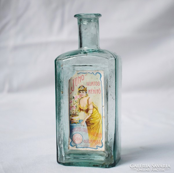 Juno Illatos kékítő antik üveg eredeti cimkével Herczeg , Salgó és Gergely Budapest 5,3x4x13,3 cm