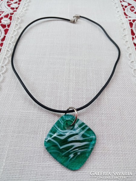 Handmade colorful - blue green - cast glass pendant - on a black strap
