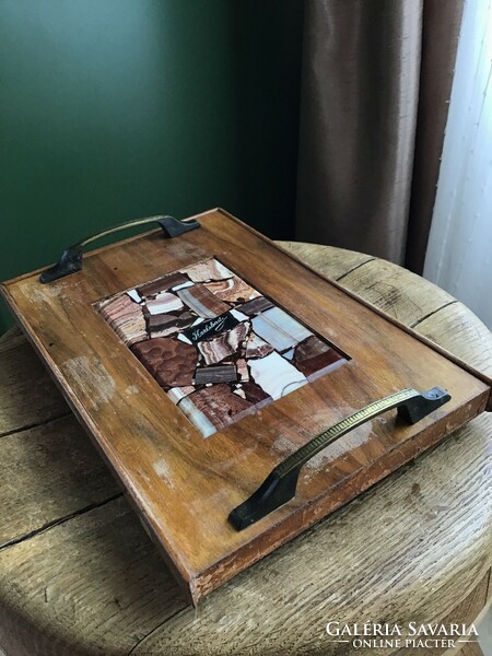 Wooden tray decorated with antique Karlsbad minerals with old tongs