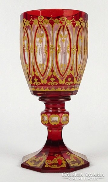 1N084 Gyönyörű nagyméretű antik talpas bíborpálcolt Biedermeier üveg kupa 20.5 cm
