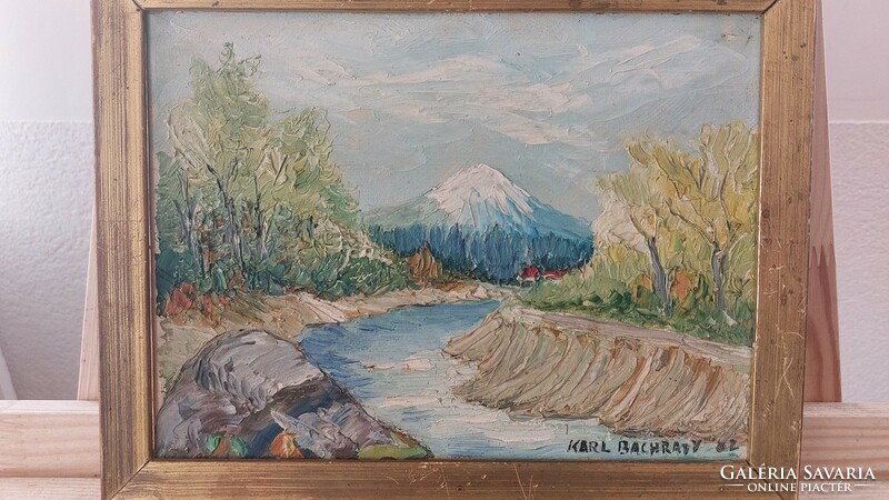 (K) Szignózott tájkép festmény hegyekkel, folyóval 27x21 cm kerettel